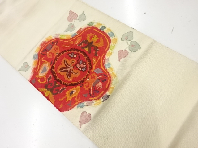 アンティーク　手織り紬花唐草模様織出し名古屋帯